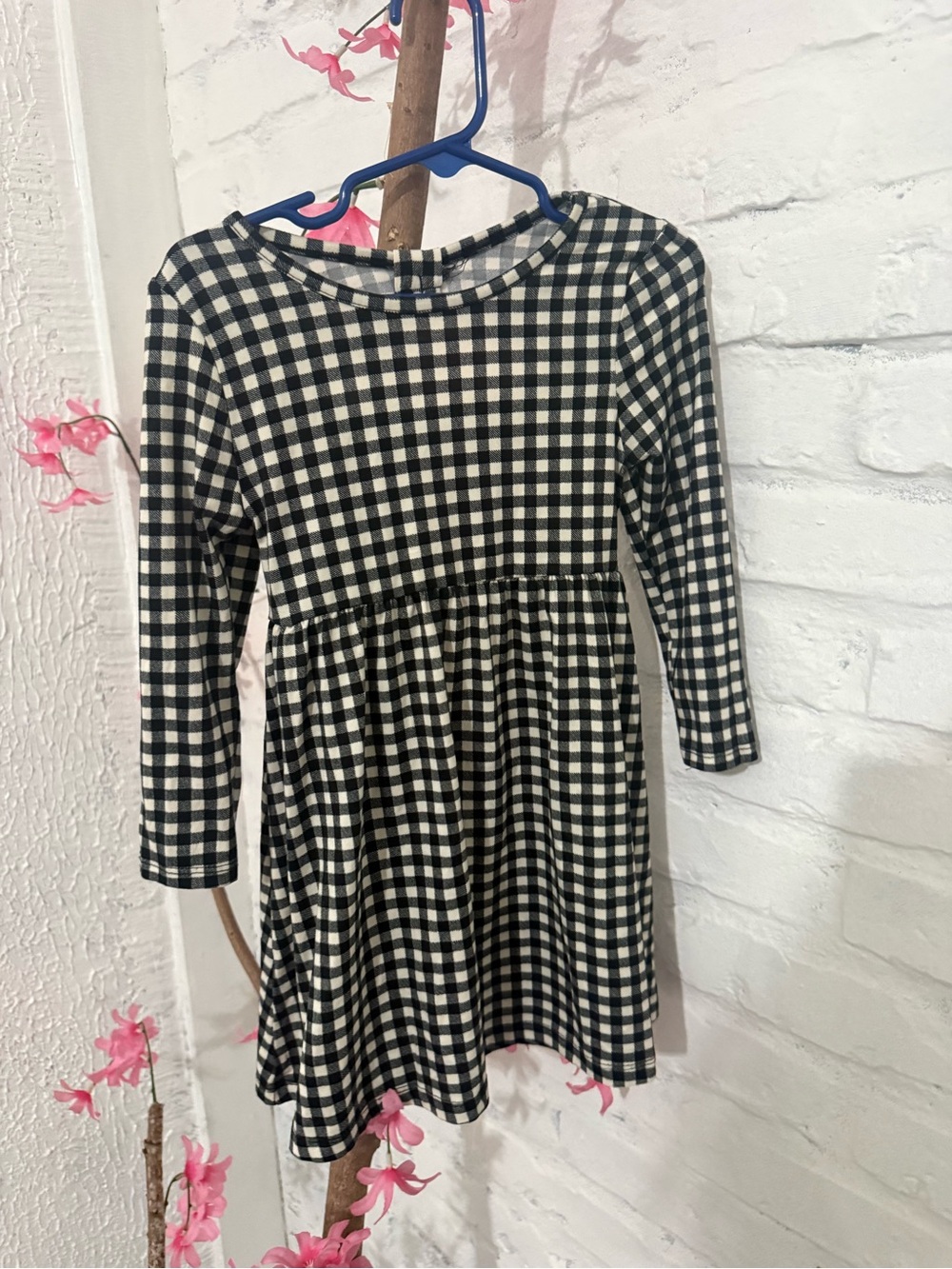 Black & White Gingham Long-Sleeve Kids Casual Dress